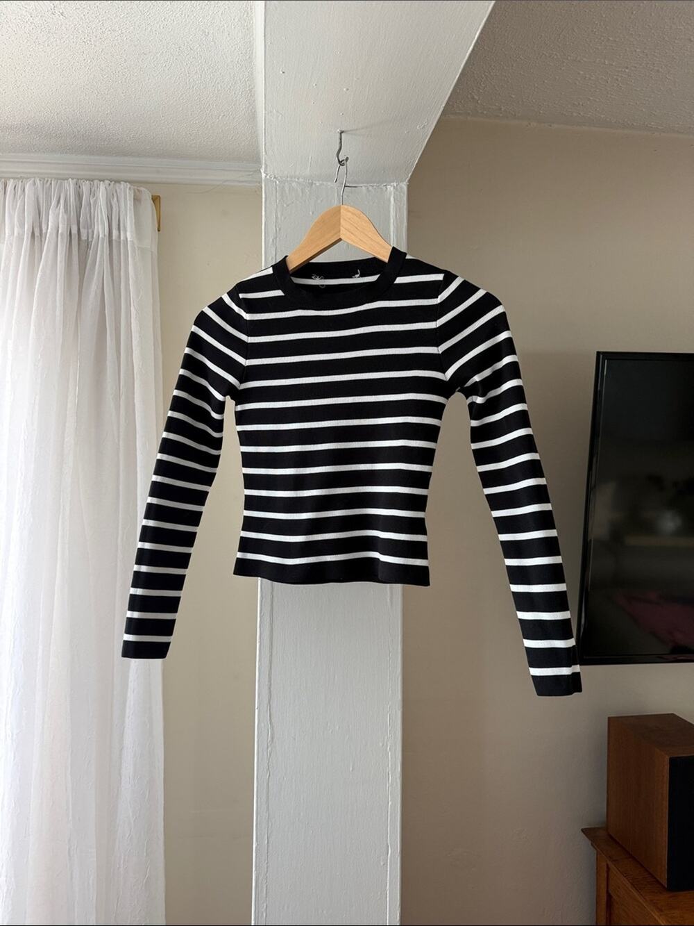 Black & White Striped Long Sleeve Top Size S | Fitted Ribbed Knit